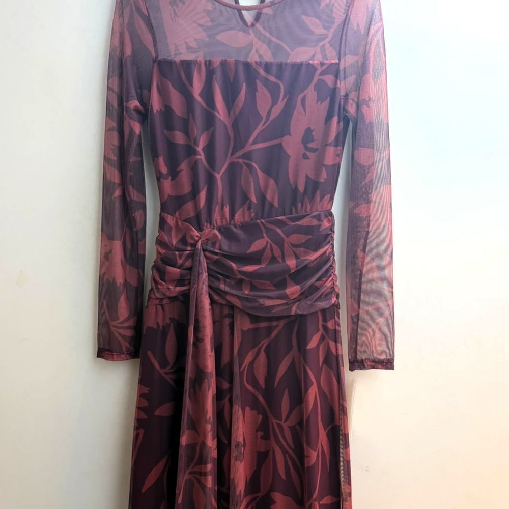 Black Cherry leaf print mesh midi dress with long sheer sleeves and ruched draped waist - front view
