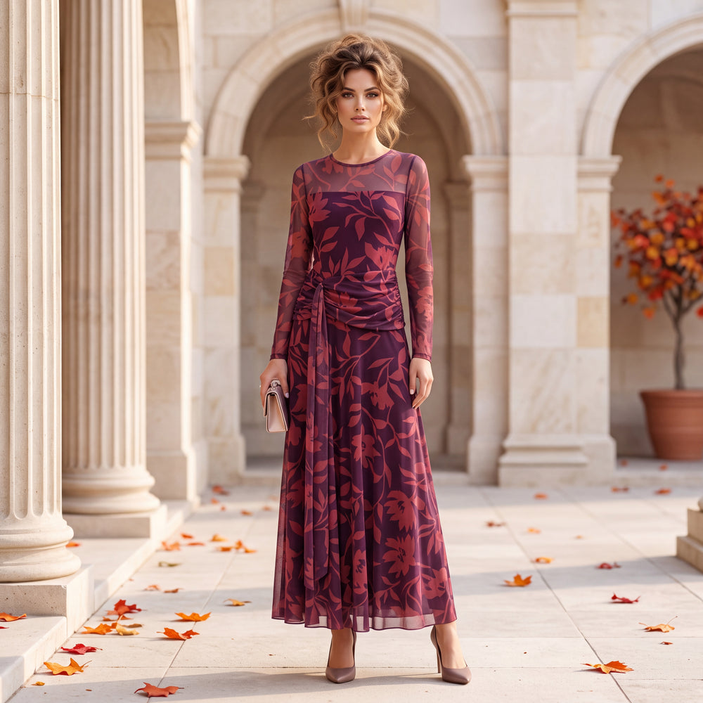 Black Cherry leaf print mesh midi dress with long sheer sleeves and ruched draped waist by MARIΓIOU