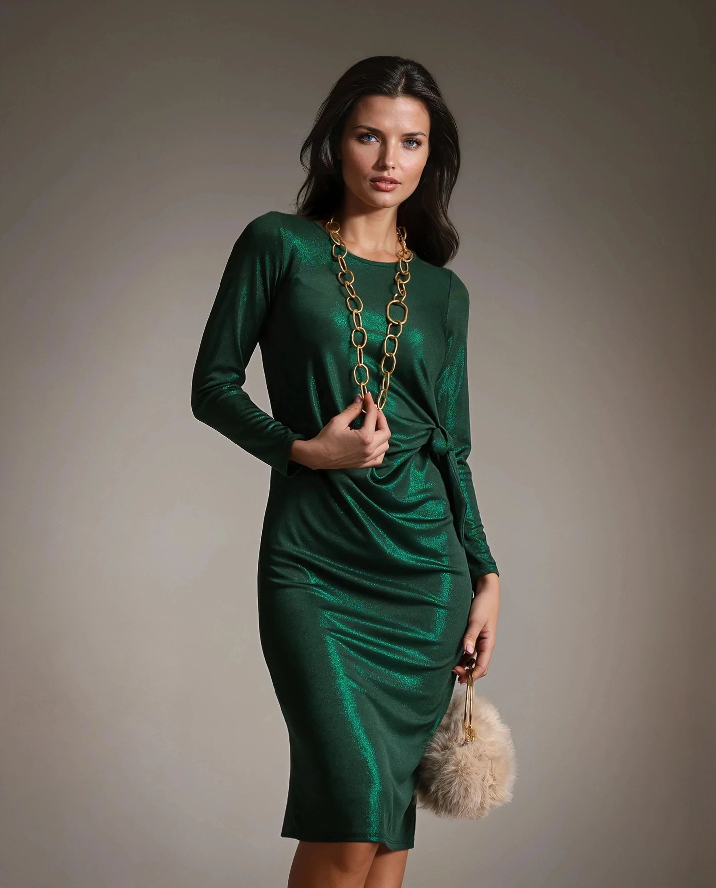MARIΓIOÚ emerald green shimmer midi dress front view