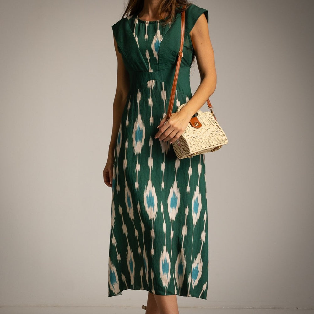 MARIΓIOÚ emerald oasis Mediterranean ikat midi dress front view