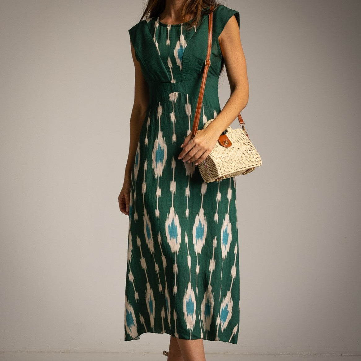 MARIΓIOÚ emerald oasis Mediterranean ikat midi dress front view