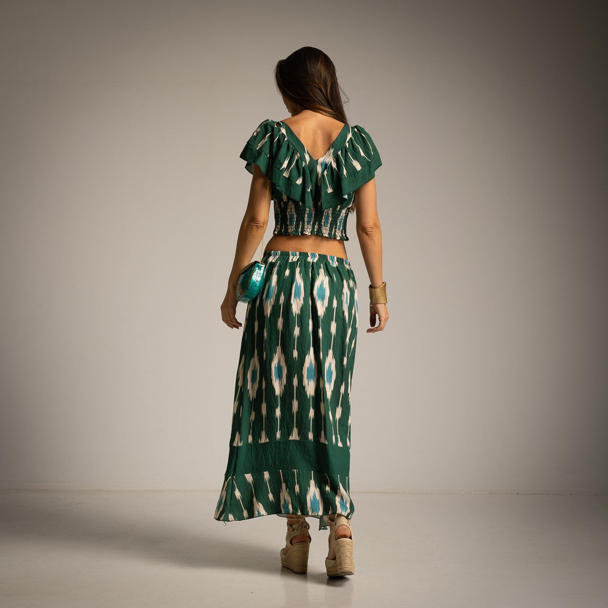 MARIΓIOÚ emerald oasis boho chic two piece set with maxi skirt back view