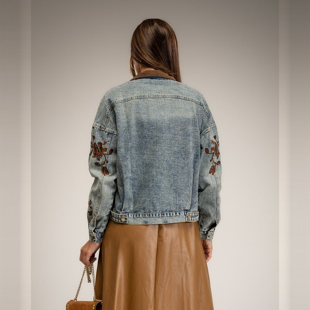Stone Wash Denim light wash denim jacket with rust floral embroidery - back view