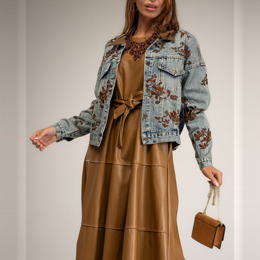 Stone Wash Denim light wash denim jacket with rust floral embroidery - front view