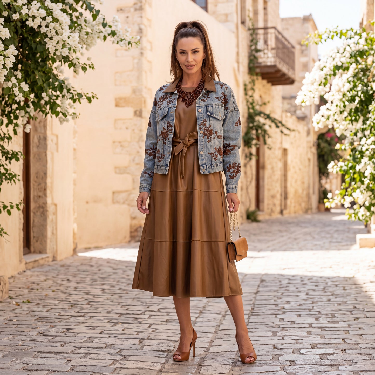 Stone Wash Denim light wash denim jacket with rust floral embroidery by MARIΓIOU