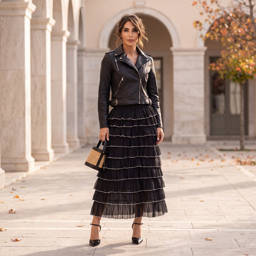 Black tiered tulle midi skirt with contrast-edged ruffles by MARIΓIOU