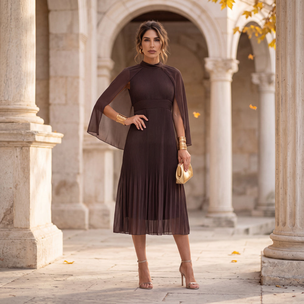 Cocoa Brown pleated midi dress with chiffon cape and high neckline by MARIΓIOU