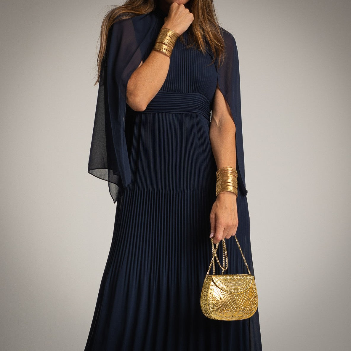 Midnight Blue pleated midi dress with chiffon cape and high neckline - front view