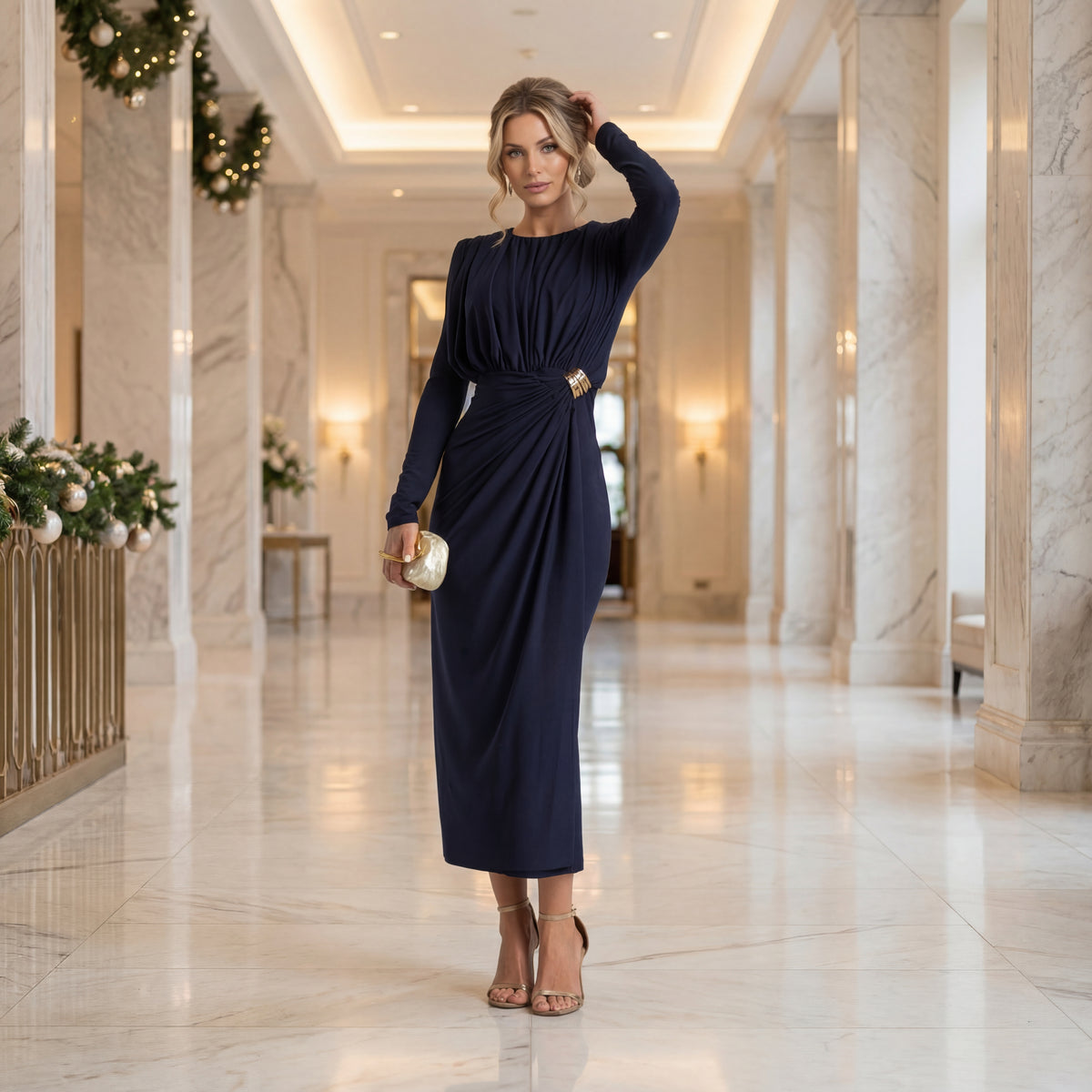 Festive draped midi dress worn in a luxurious hotel lobby setting