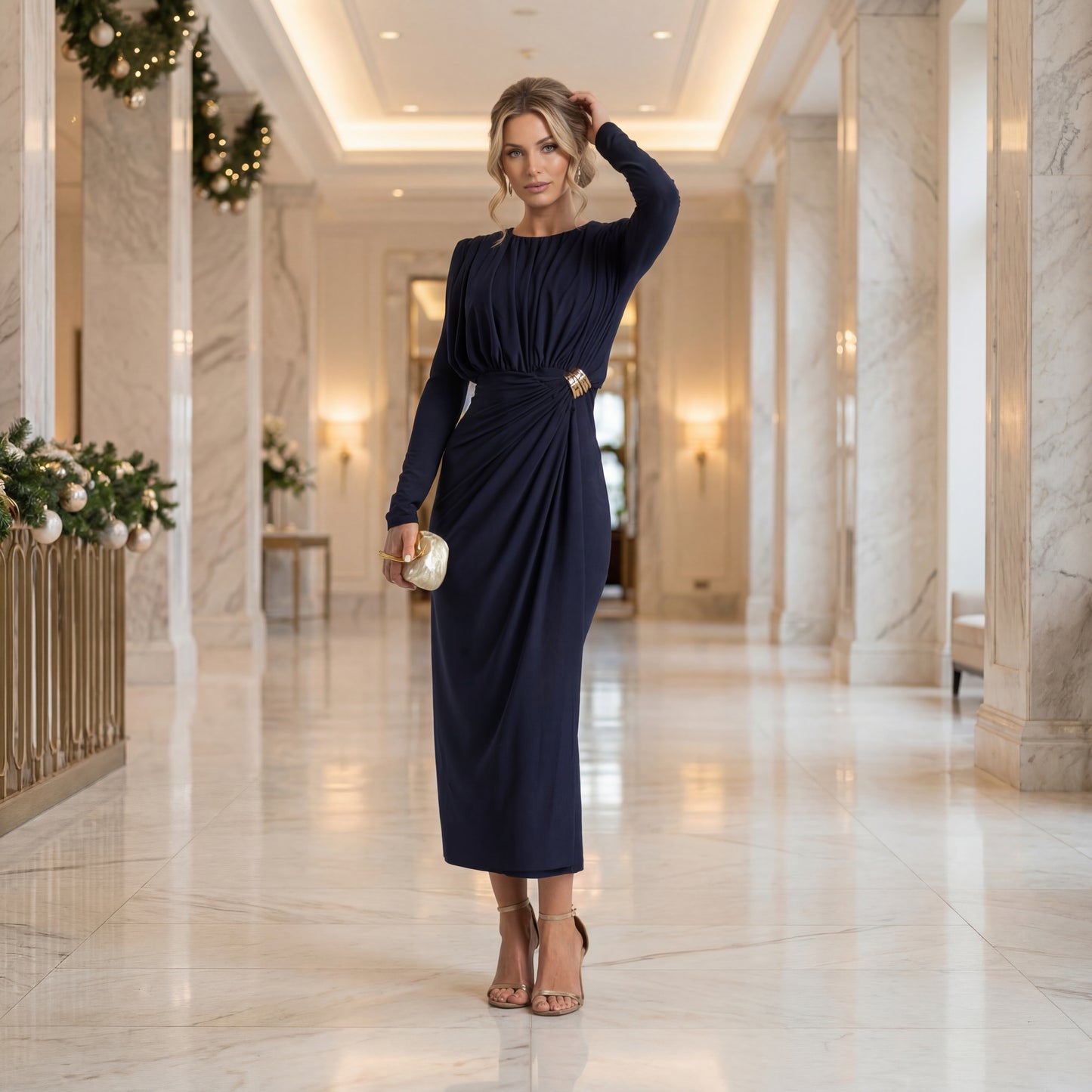 Festive draped midi dress worn in a luxurious hotel lobby setting