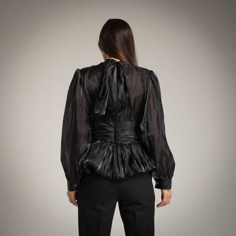 Black satin festive blouse by MARIΓIOÚ, back view