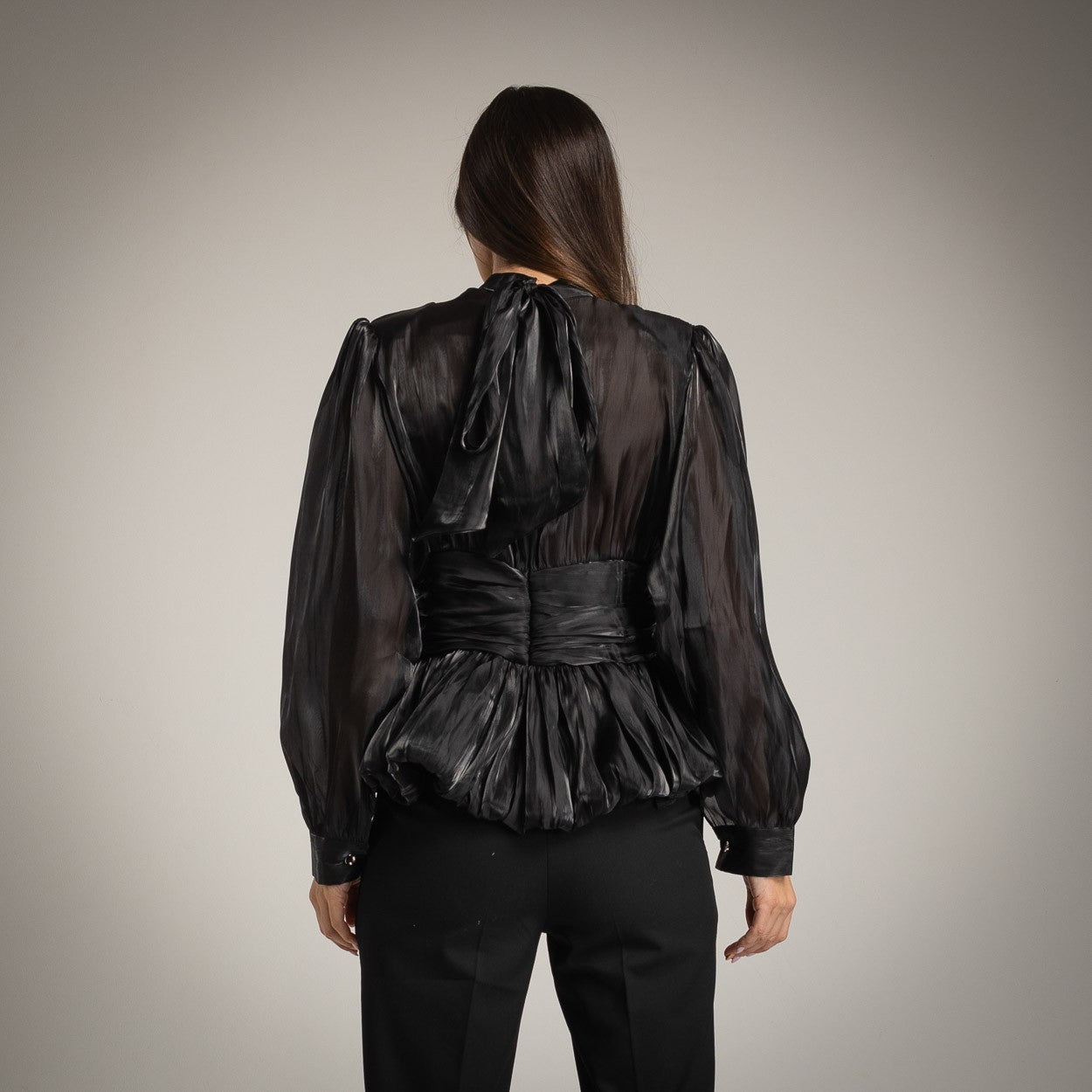 Black satin festive blouse by MARIΓIOÚ, back view