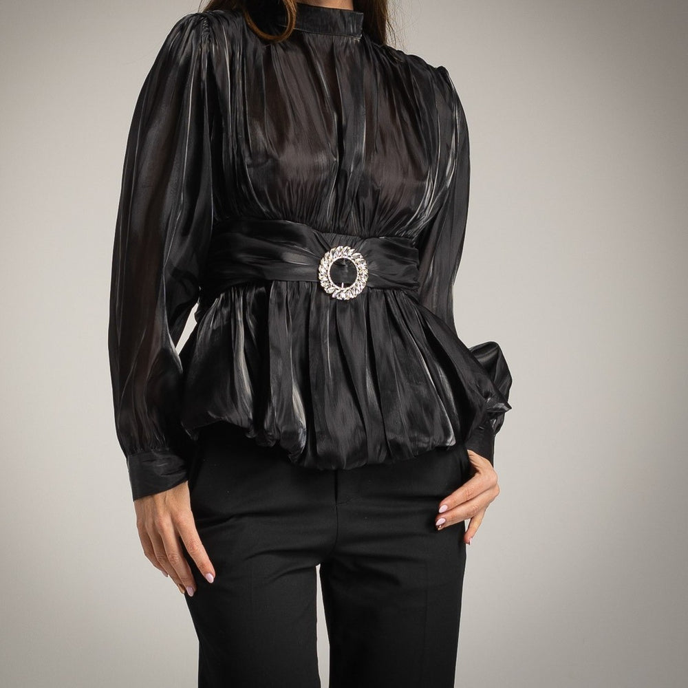 Black festive satin blouse with rhinestone belt, front view