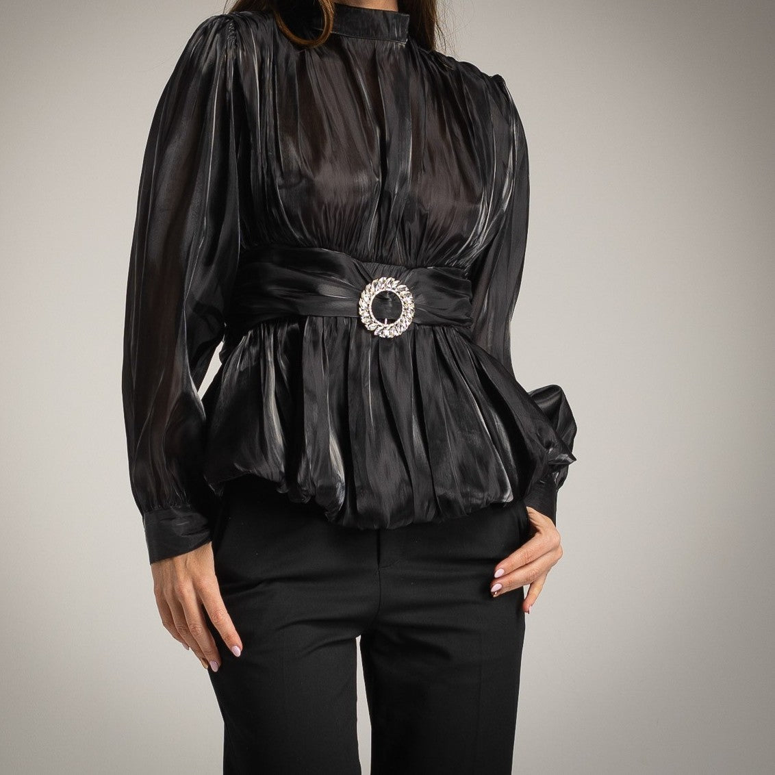 Black festive satin blouse with rhinestone belt, front view
