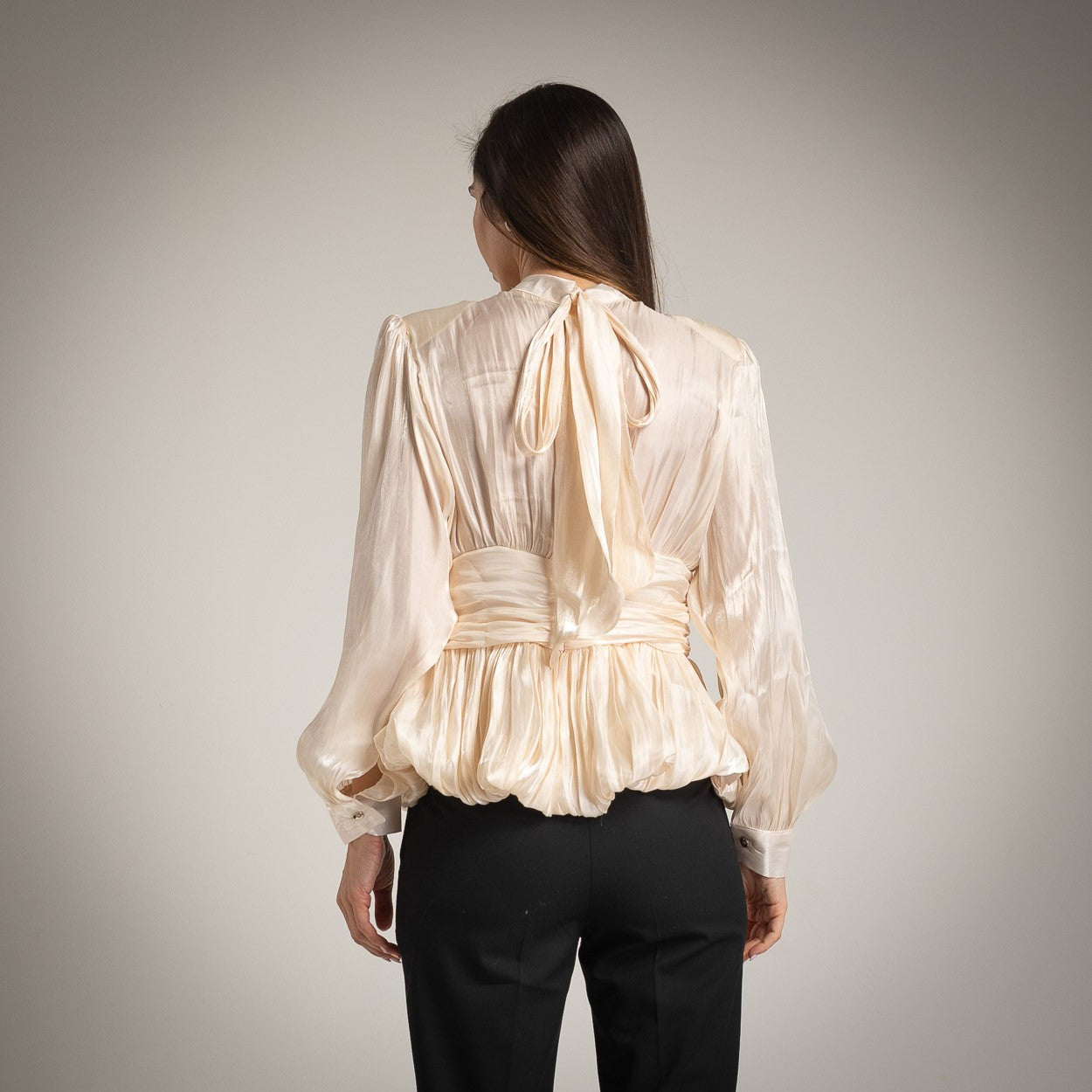 Creme festive satin blouse with rhinestone belt, back view