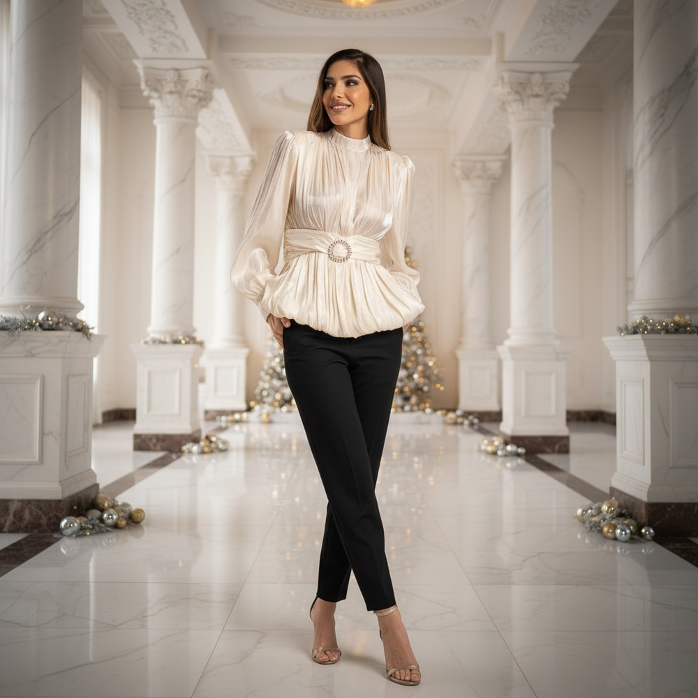 Creme festive satin blouse styled for holiday events