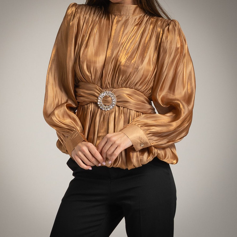 Gold festive satin blouse with rhinestone belt by MARIΓIOÚ, front view