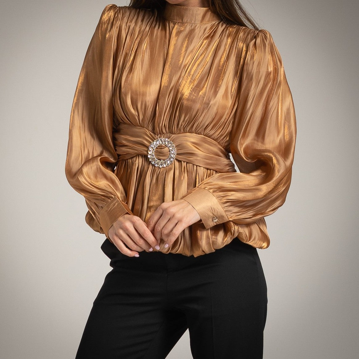 Gold festive satin blouse with rhinestone belt by MARIΓIOÚ, front view