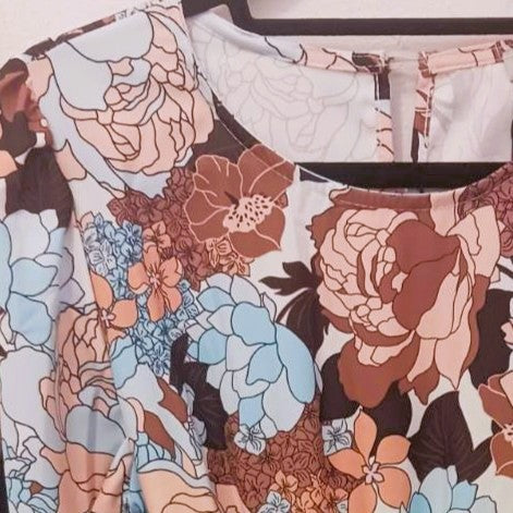 Soft Sky Blue retro floral mini dress with balloon sleeves and tie belt - detail view