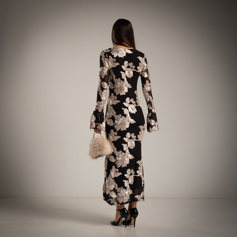 MARIΓIOÚ black tulle maxi dress with floral appliqué – back view