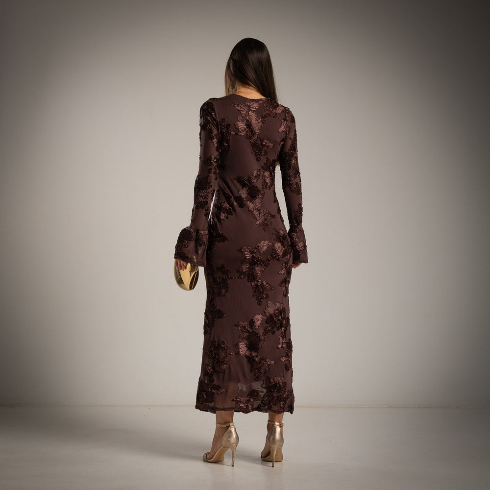 MARIΓIOÚ chocolate tulle maxi dress with floral appliqué – back view