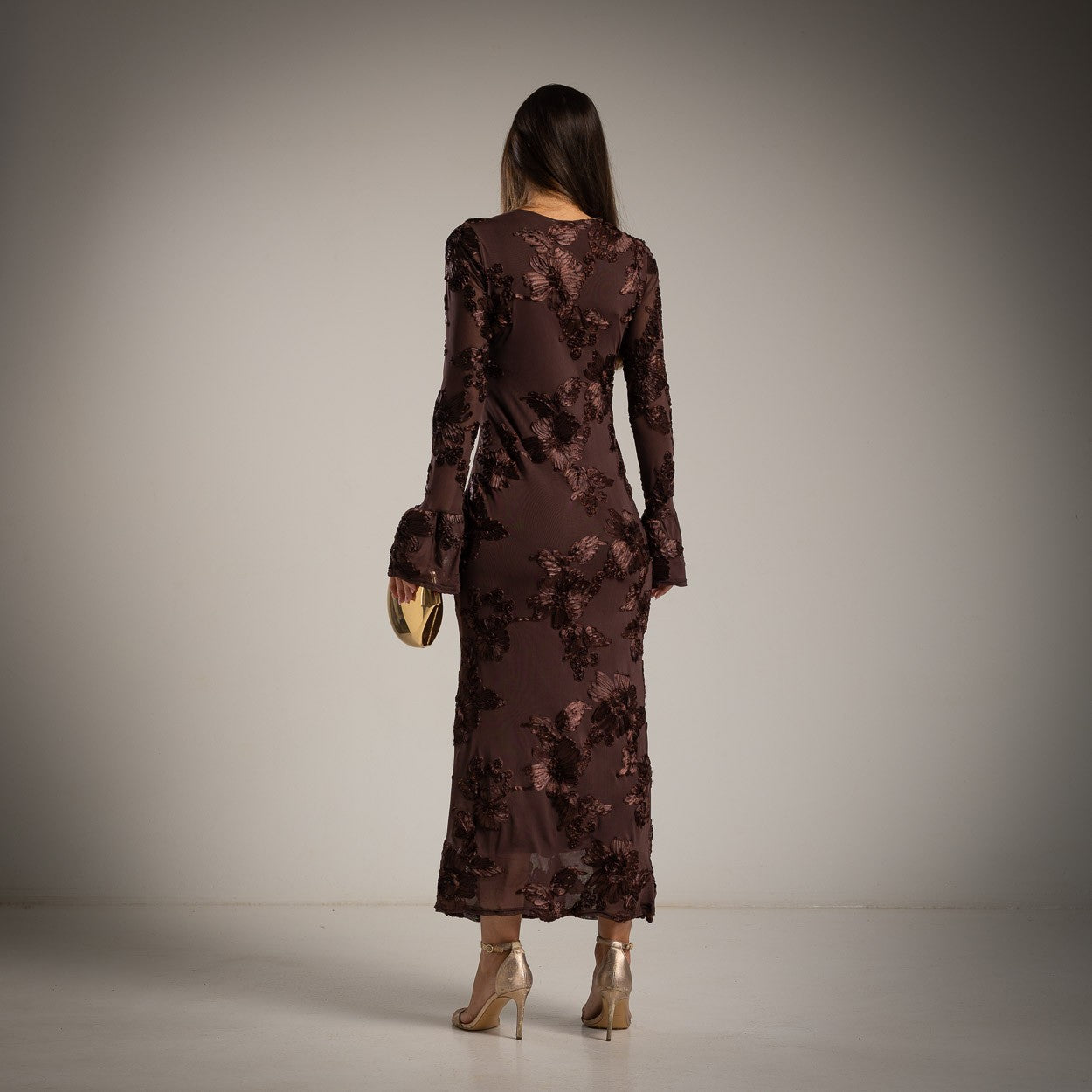 MARIΓIOÚ chocolate tulle maxi dress with floral appliqué – back view