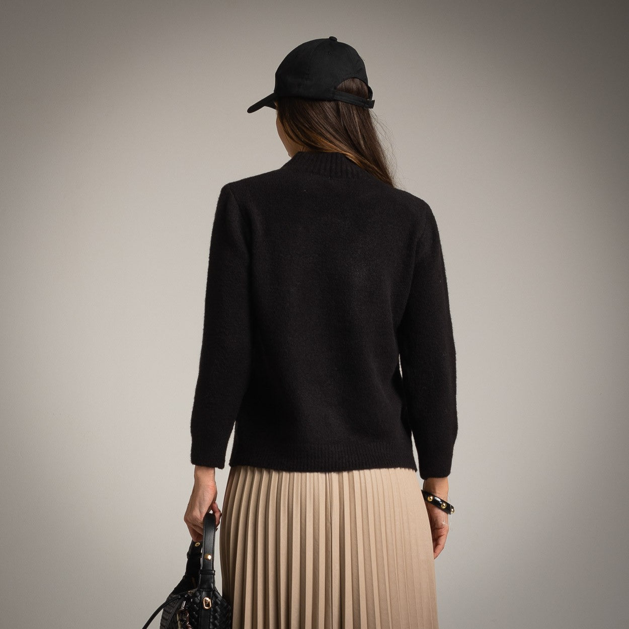 Black floral knit sweater back view