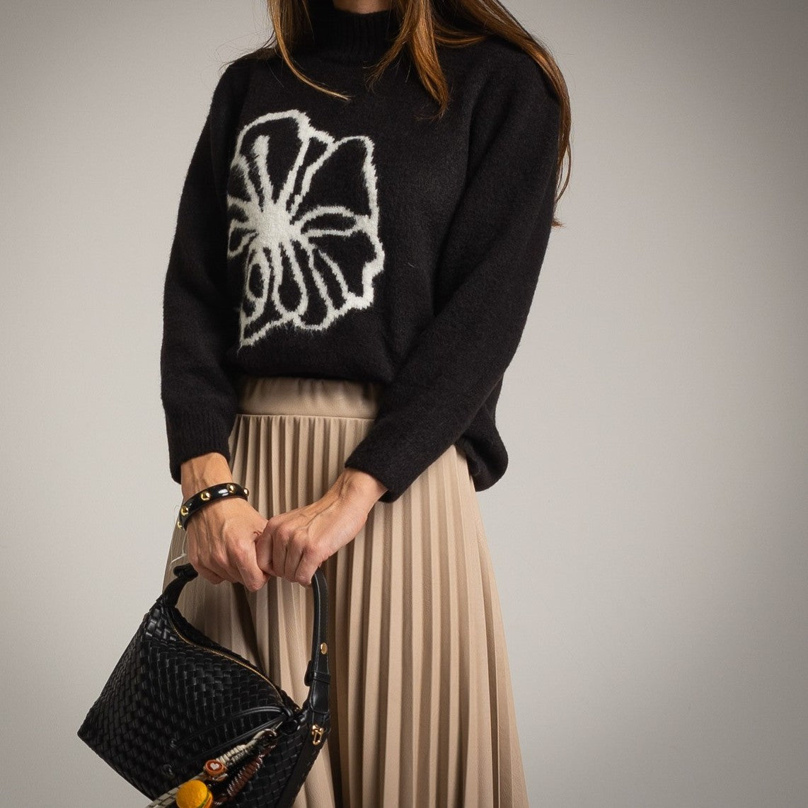 Black floral knit sweater front view