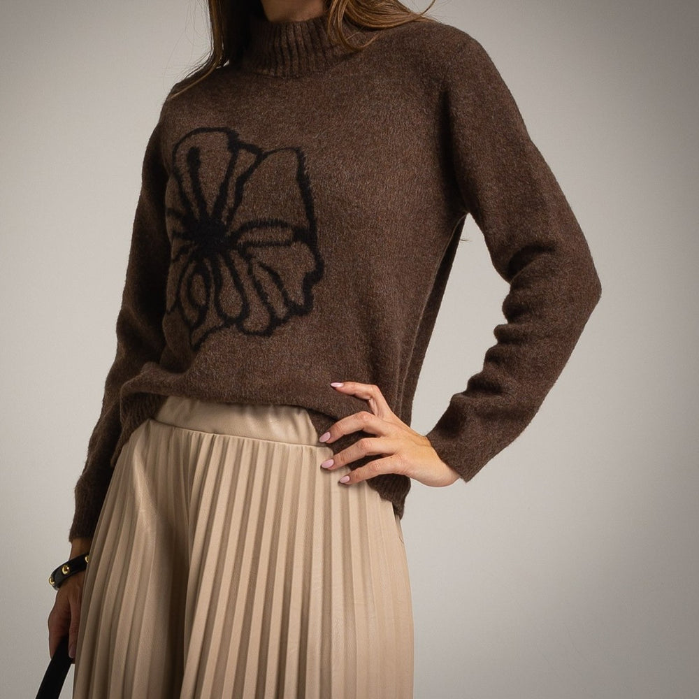 Chocolate floral knit sweater front view