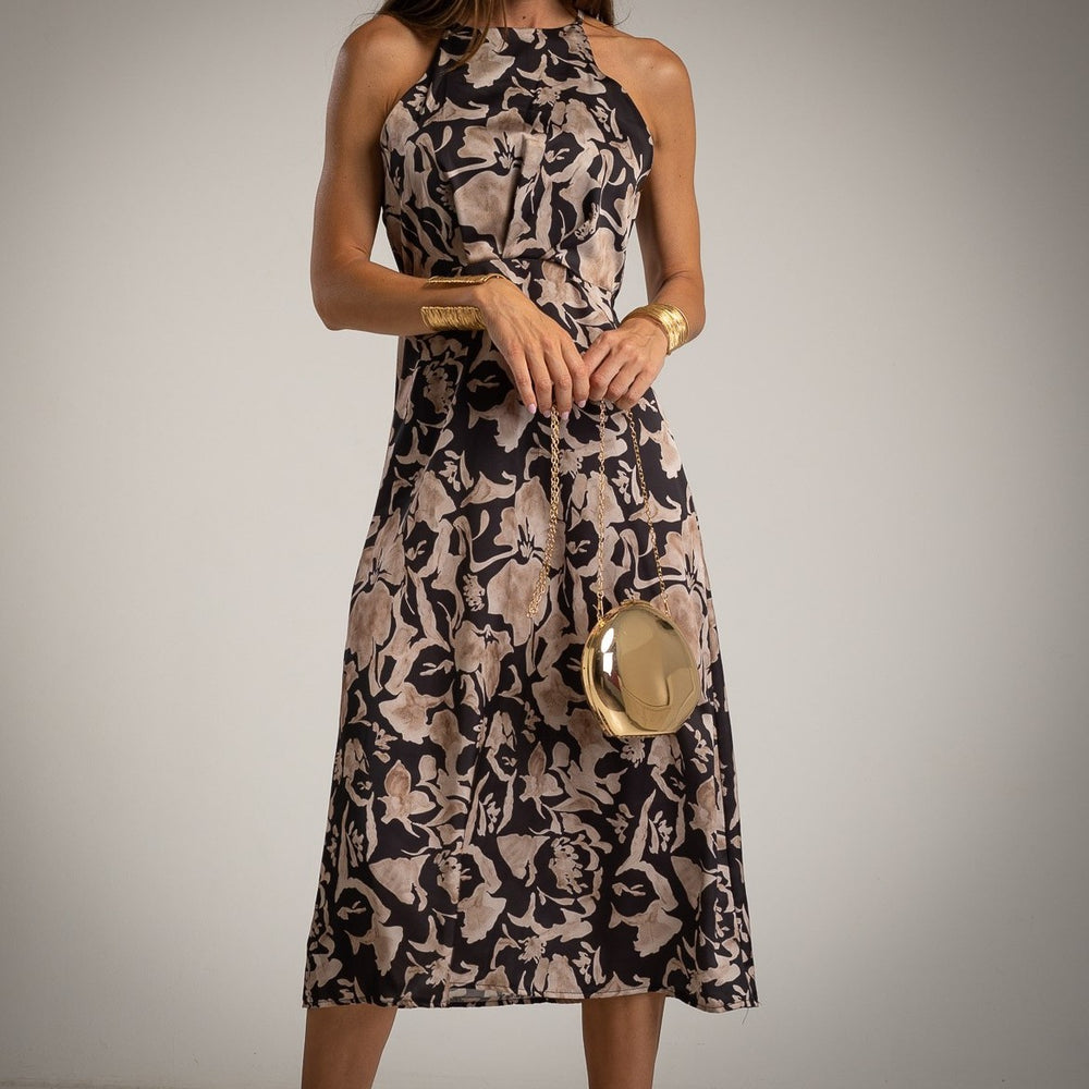 MARIΓIOÚ floral midi dress black close-up front details – Autumn 2025