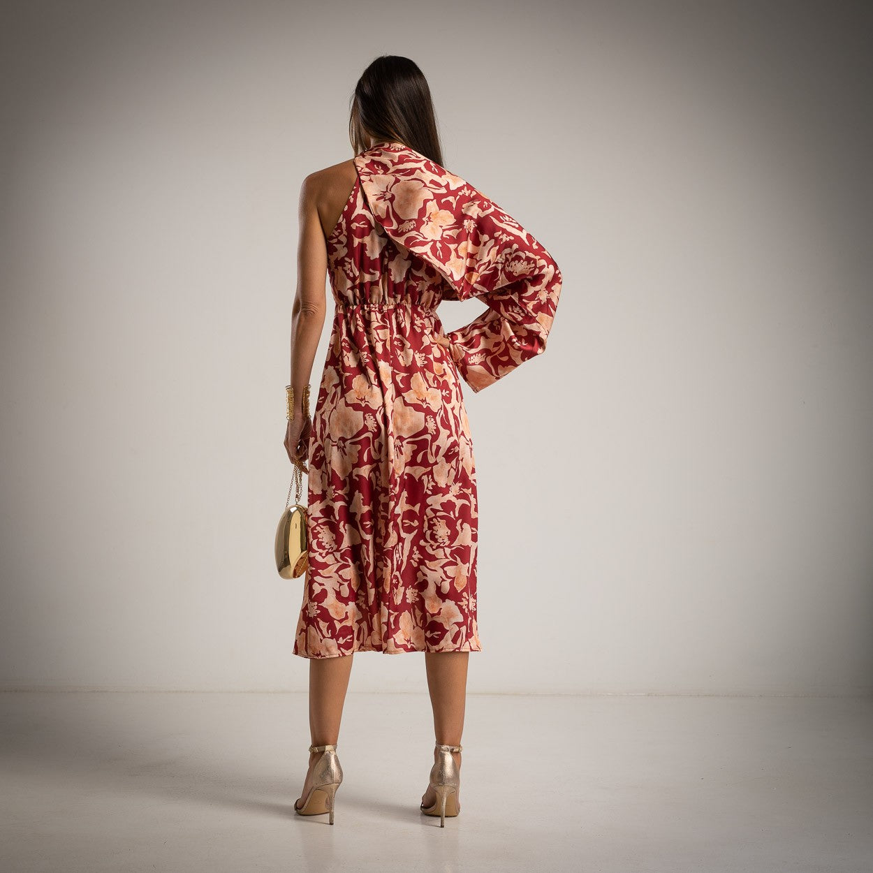 MARIΓIOÚ floral midi dress burgundy back view with bolero – Autumn fashion 2025