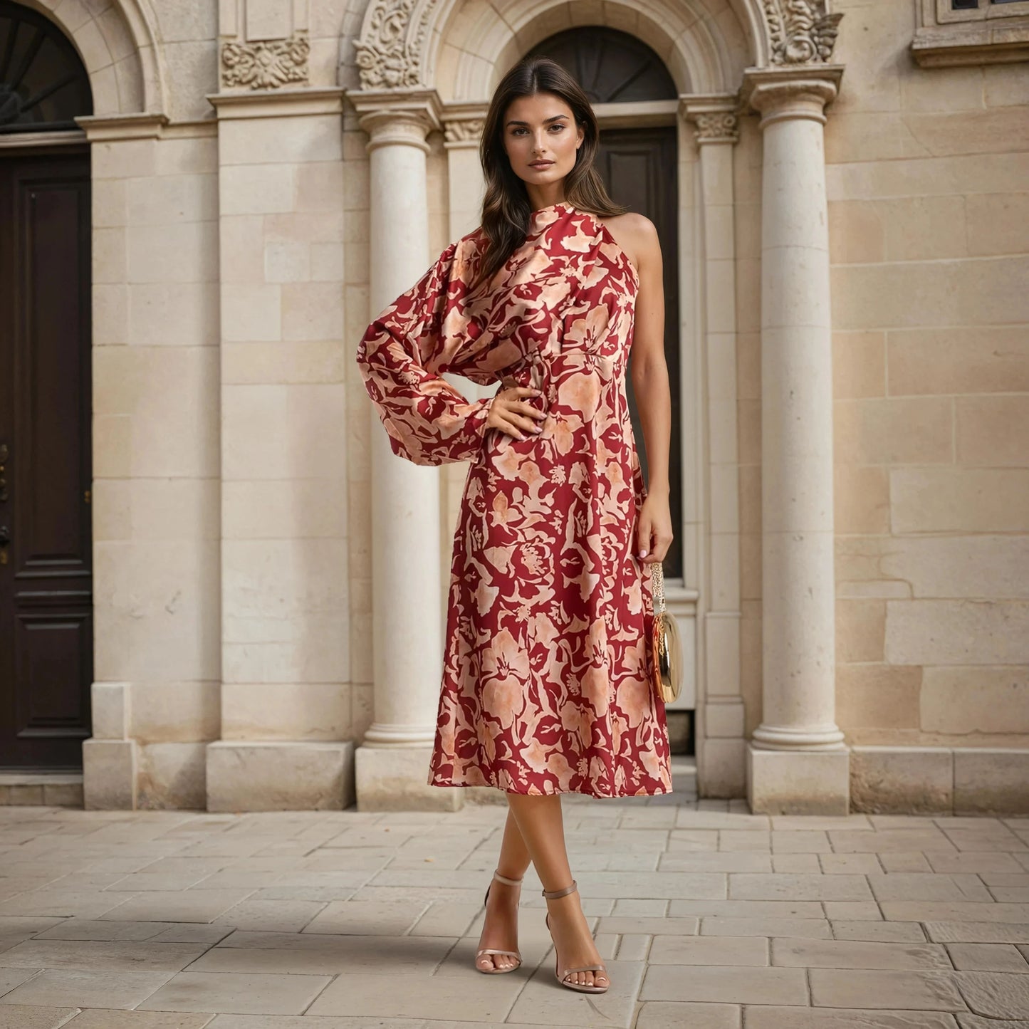 MARIΓIOÚ floral midi dress burgundy with detachable one-shoulder bolero – Autumn 2025 Collection