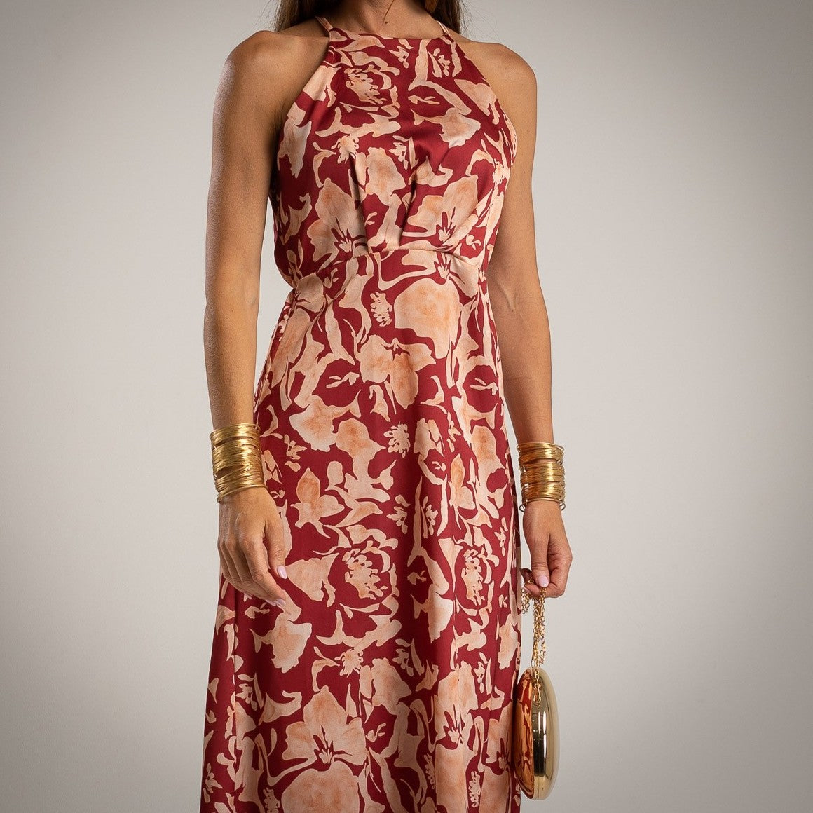 MARIΓIOÚ floral midi dress burgundy close-up front details – Autumn 2025