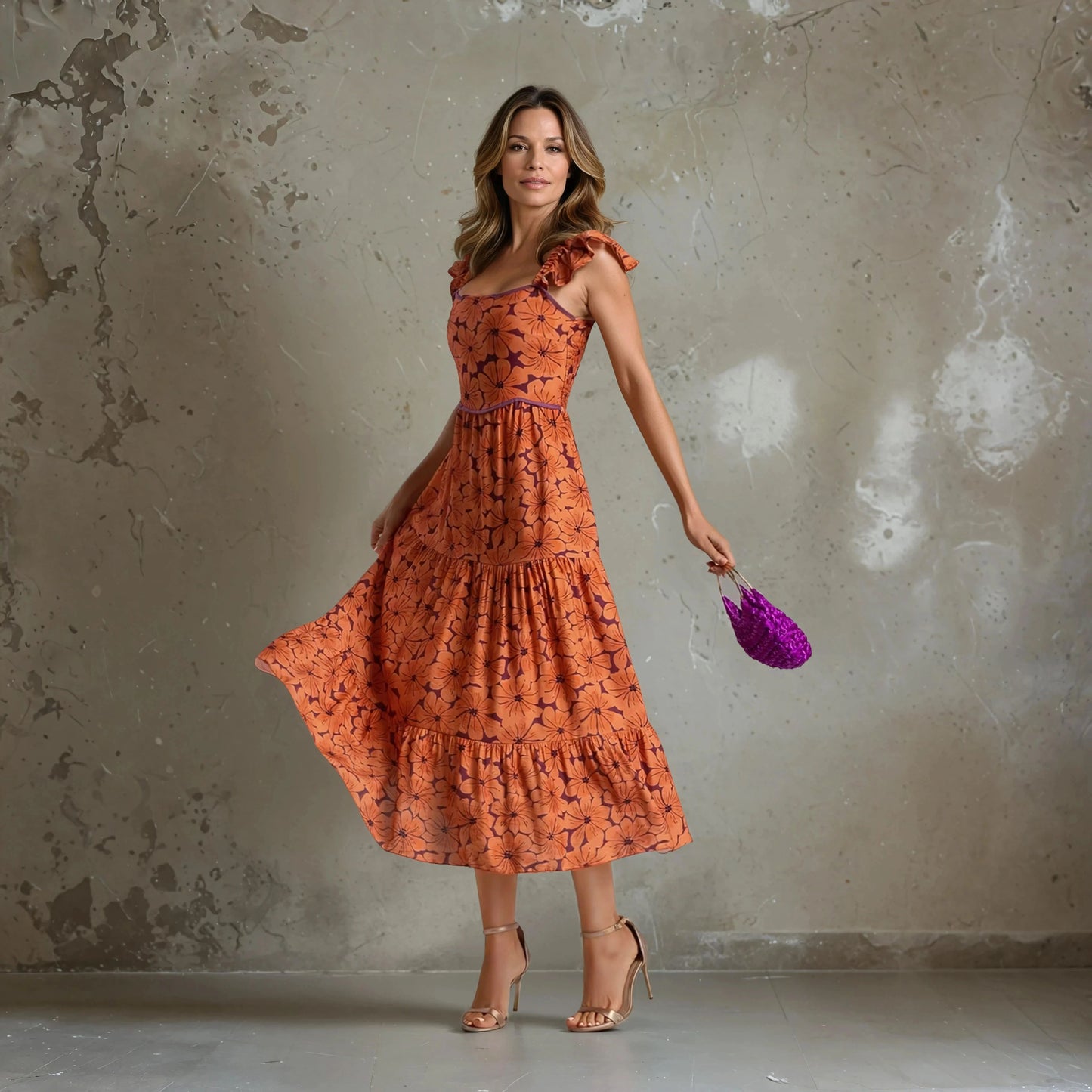 MARIΓIOÚ floral midi dress in rust orange viscose with violet flower print – styled with purple bag