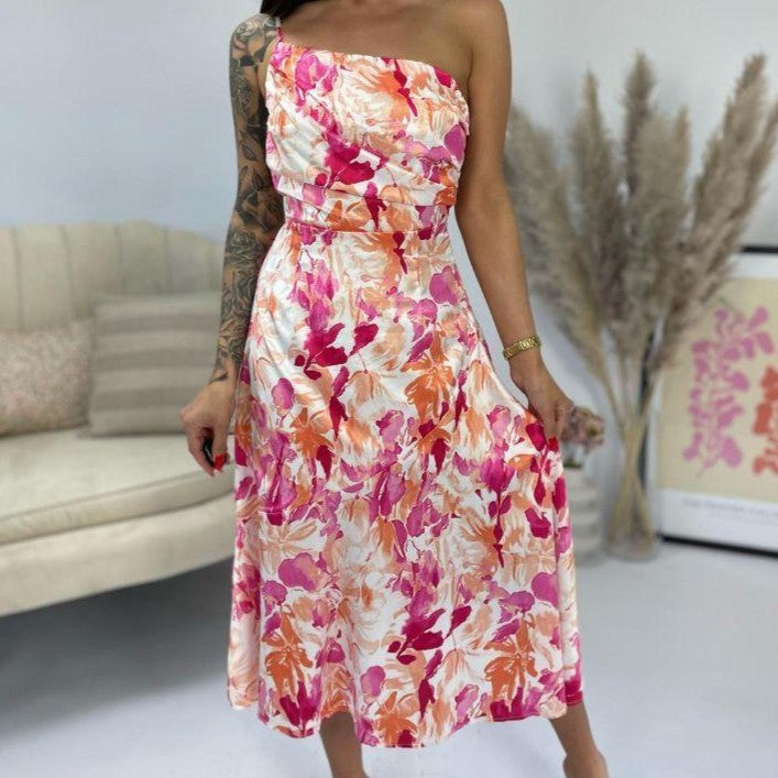 flowing floral midi dress pink peach detail fabric movement