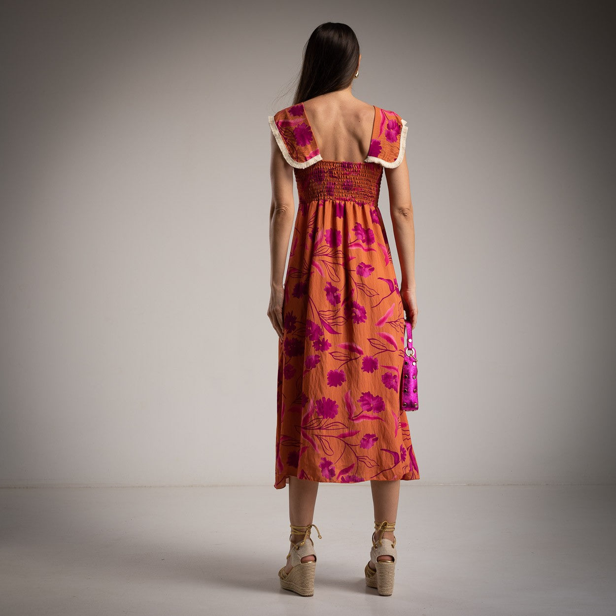 MARIΓIOÚ floral midi dress sunset orange fuchsia back view