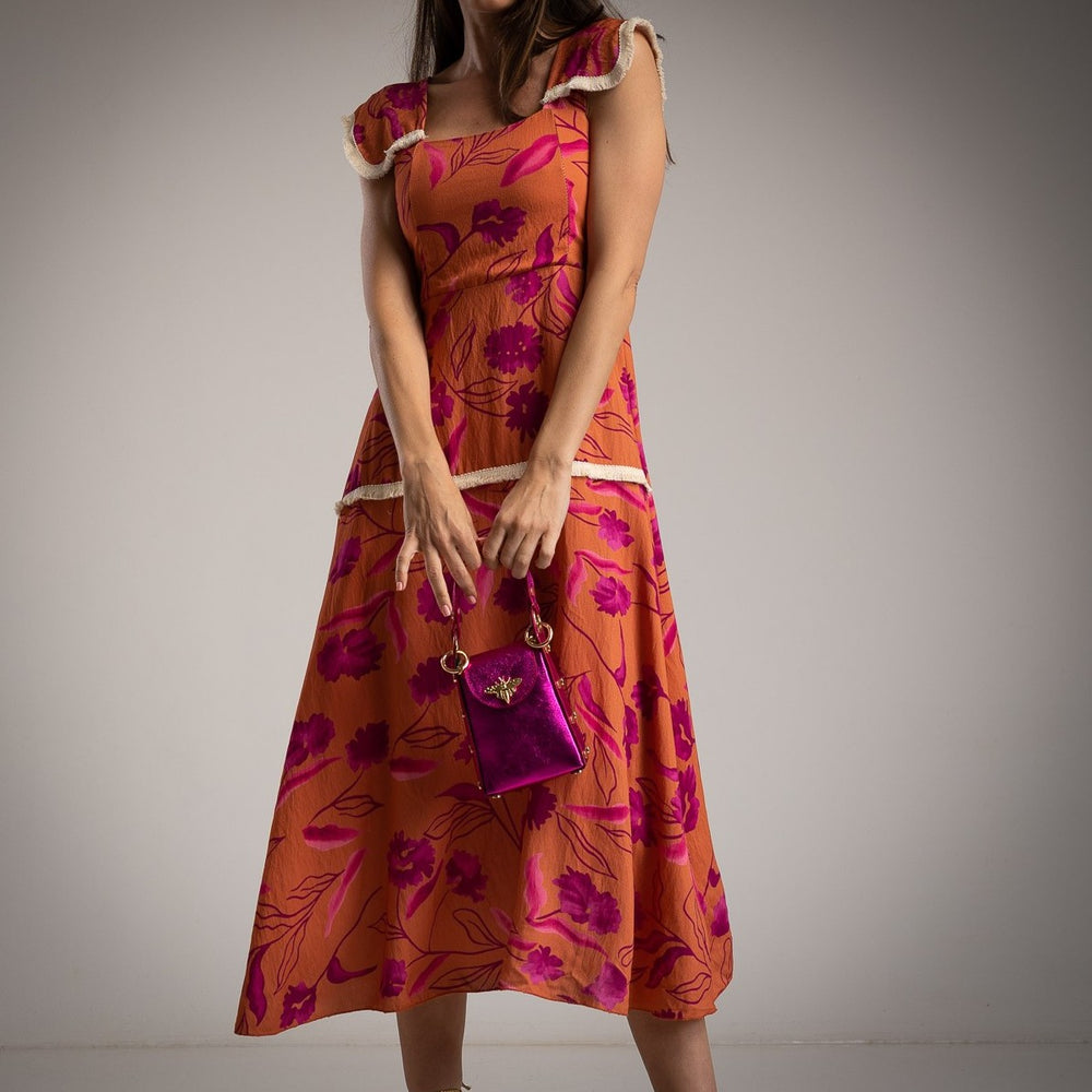 MARIΓIOÚ floral midi dress sunset orange fuchsia fringed sleeves detail