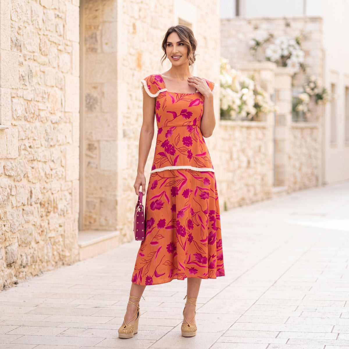 MARIΓIOÚ floral midi dress sunset orange fuchsia summer outfit