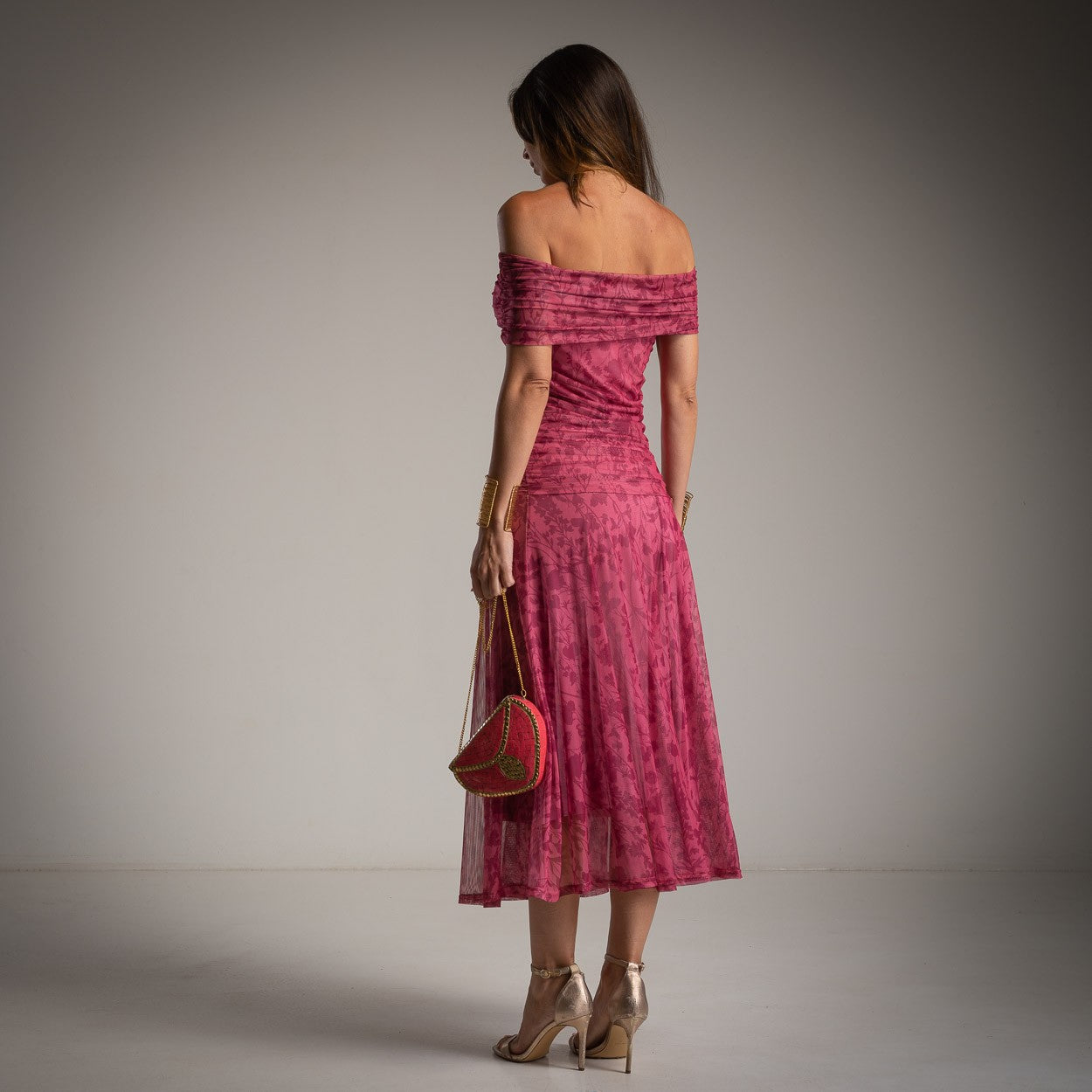 Back view of MARIΓIOÚ rose floral off shoulder midi dress