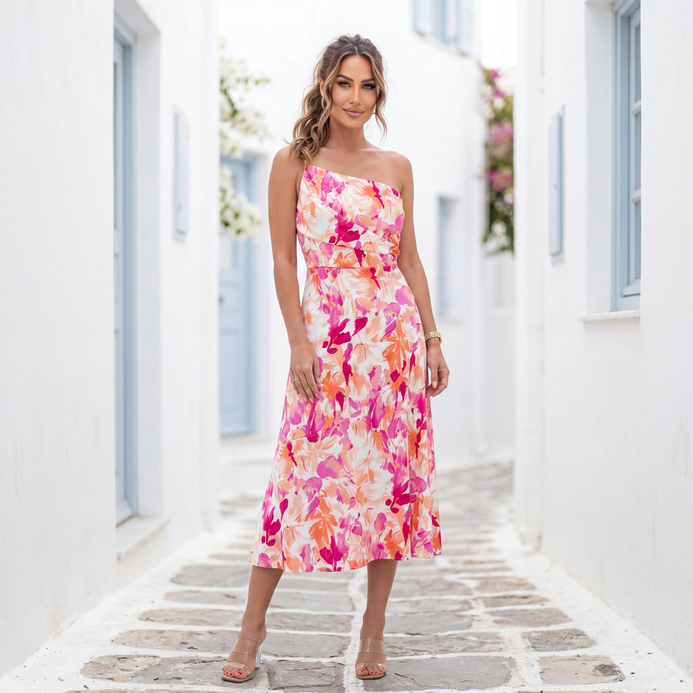 floral one shoulder midi dress pink peach elegant summer outfit front view