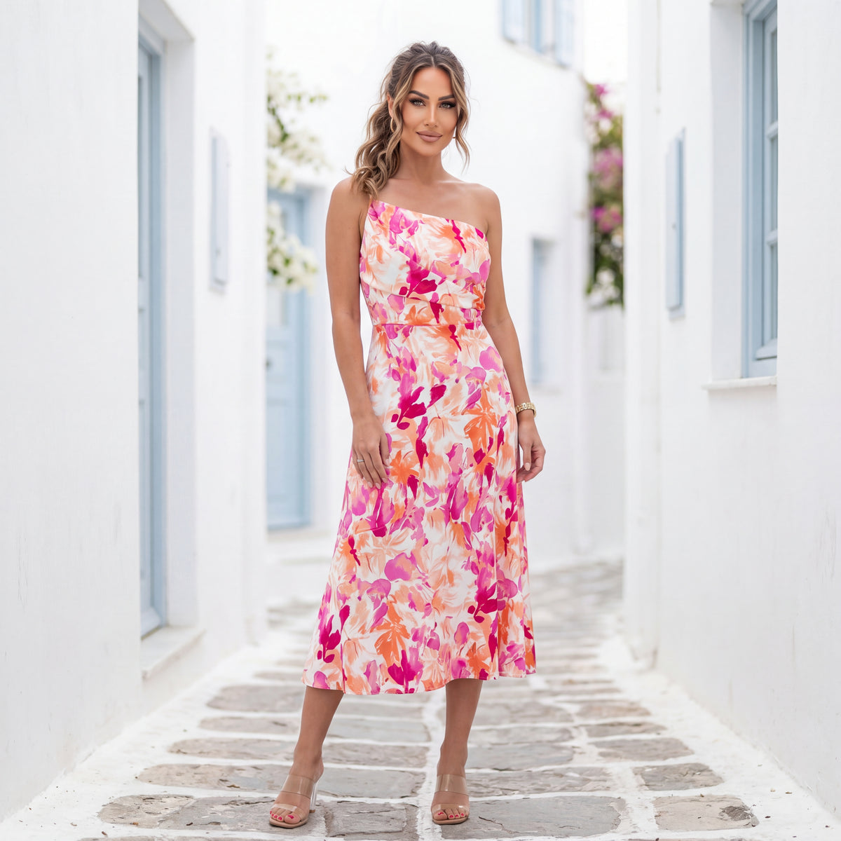 one shoulder floral midi dress – Pink & Peach Summer Dress – MARIΓIOÚ Select Pant Waist Size:38W Women's Collarless Shirt Dress offering both comfort and Bridesmaid