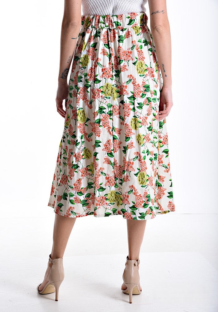 Ivory floral midi skirt with comfortable elasticated back waist