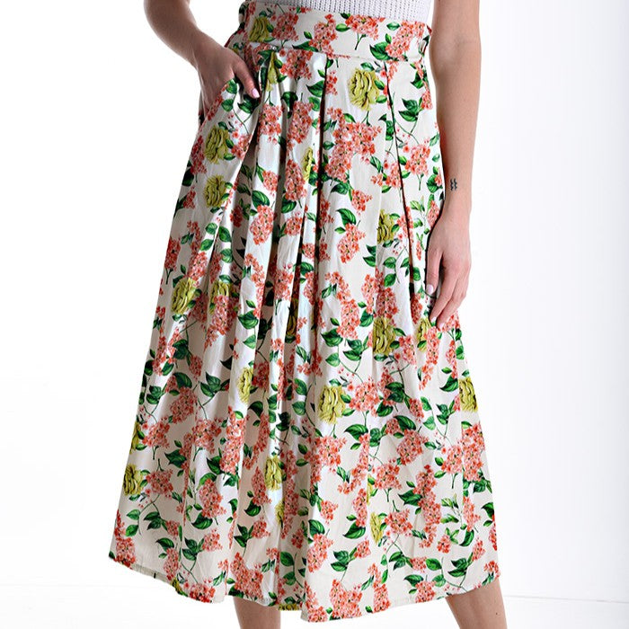Ivory floral pleated midi skirt with high waist and flowing silhouette