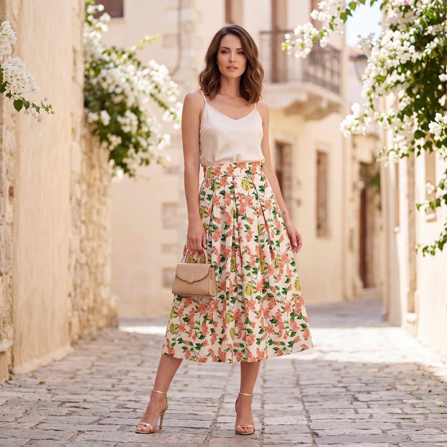 Floral pleated midi skirt styled with ivory top for an elegant summer look
