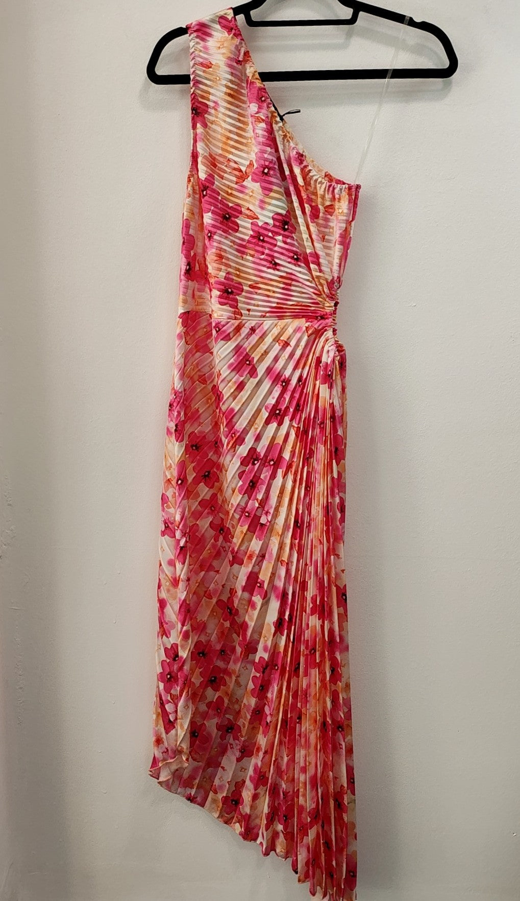 MARIΓIOÚ floral pleated one-shoulder midi dress in Sunset Blossom with asymmetric hemline and elegant silhouette