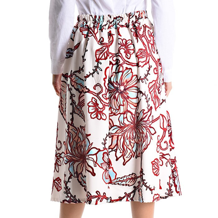 Floral print midi skirt in ivory with red and blue floral pattern – back view