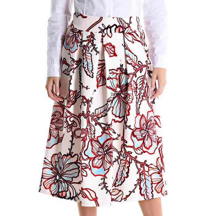 Floral print midi skirt in ivory with red and blue pattern – front view