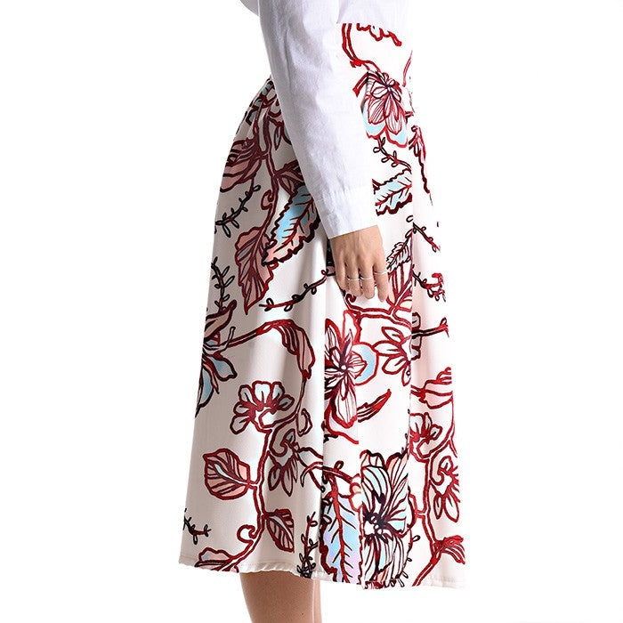 Ivory floral print midi skirt with red and blue details – side view