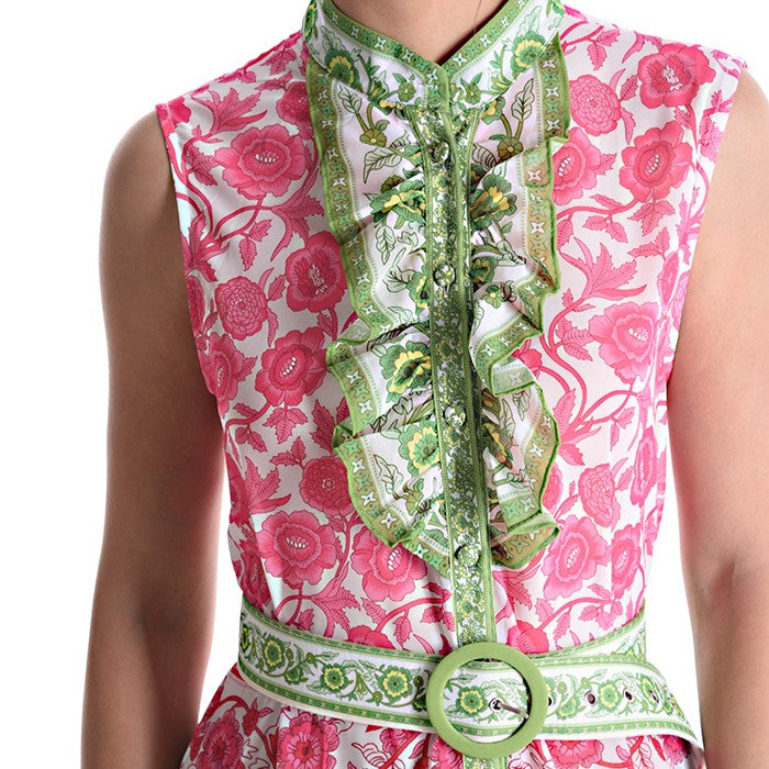 MARIΓIOÚ elegant floral maxi dress with decorative neckline detail and artistic mixed print close-up