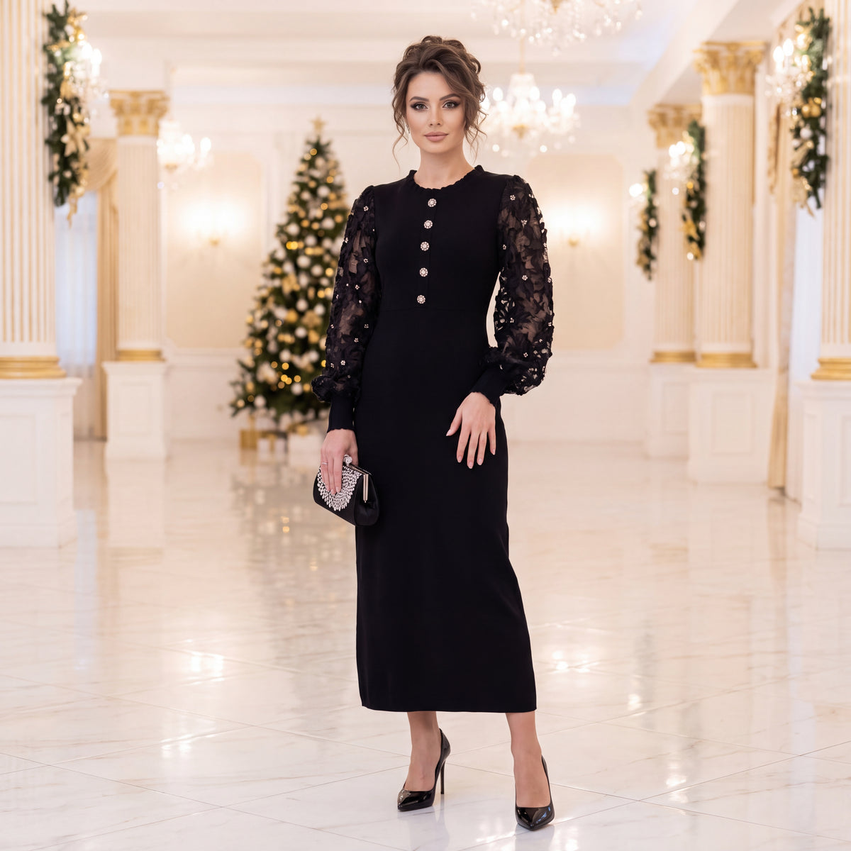 Black knit midi dress with sheer floral lace sleeves and crystal buttons by MARIΓIOU